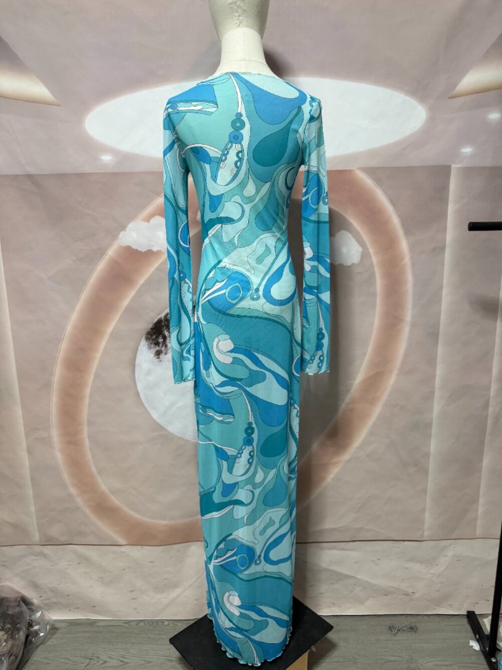 Emilio Pucci Turquoise Swirl-Print Tulle Long-Sleeve Dress - Picture 6 of 13
